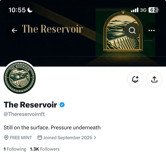 A Twitter/X profile screenshot for the verified account 'The Reservoir' (@Thereservoirnft) with the bio 'Still on the surface. Pressure underneath' and 1.3K followers.