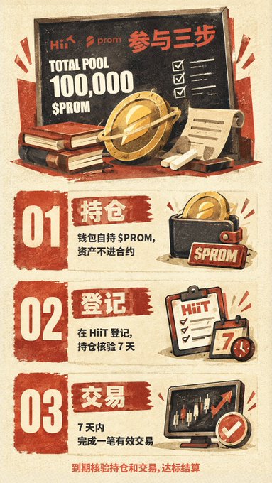 A vintage-styled infographic illustrates the three-step participation process for the HiiT × PROM event, featuring a 100,000 $PROM prize pool displayed on a chalkboard with a rocket and books. The steps are: 01) Hold 10+ $PROM in your wallet without entering a contract, 02) Register on HiiT and complete a 7-day holding check, and 03) Complete one valid trade within 7 days for qualification settlement.