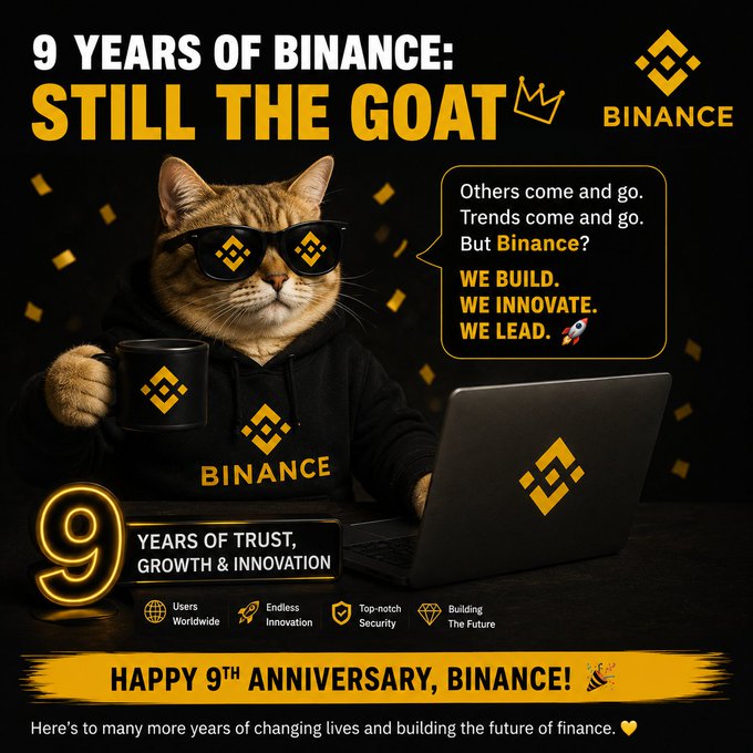 Binance 9th anniversary promotional graphic titled '9 YEARS OF BINANCE: STILL THE GOAT' featuring a cat wearing Binance-branded sunglasses and hoodie, holding a Binance mug with a laptop, and the text 'HAPPY 9TH ANNIVERSARY, BINANCE!'