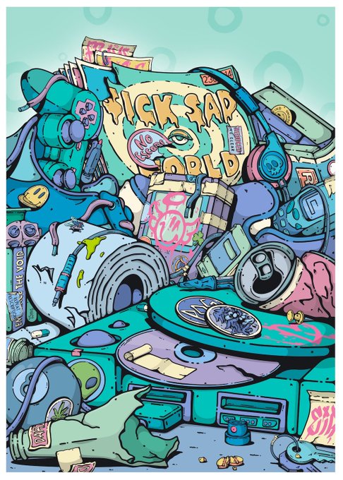 A vibrant, chaotic graffiti-style illustration filled with trash, a spray paint can, cans, and money, featuring the text 'SICKSAD WORLD' prominently in the center along with 'Meow' and 'THE VOID'.