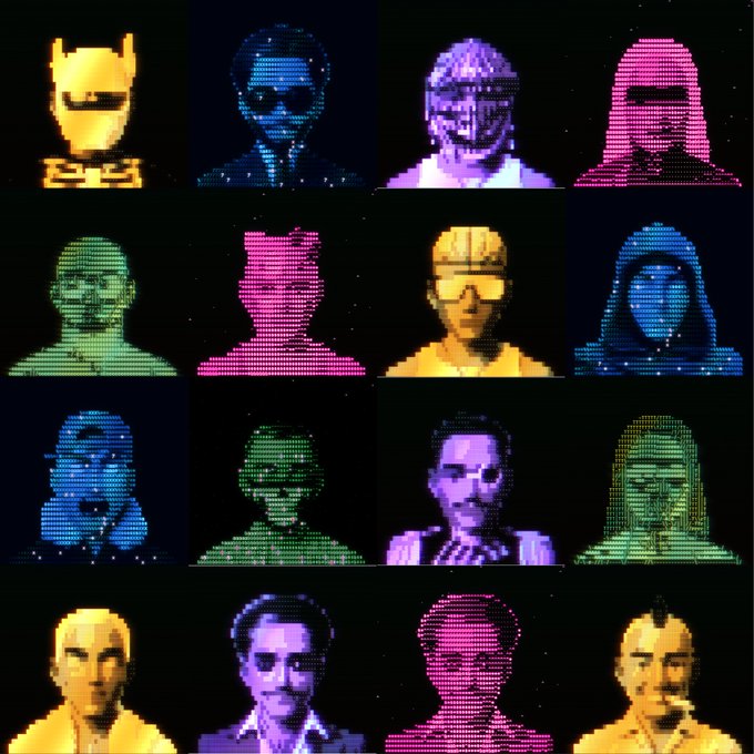 A grid of sixteen ASCII-style portraits rendered in vibrant colors (orange, blue, purple, pink, green, and yellow) against a black background, depicting various figures including what appears to be Batman, a person with sunglasses, a person in a headwrap, and others. The post reveals the creator has been developing "trace," an art project that cleverly uses ASCII art to generate portraits—fittingly demonstrating how the medium "works both ways" as both readable text characters and recognizable imagery.
