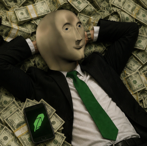 A figure wearing a suit and green tie with a featureless smooth mask lying on a bed of US dollar bills, with a phone displaying a logo beside them.