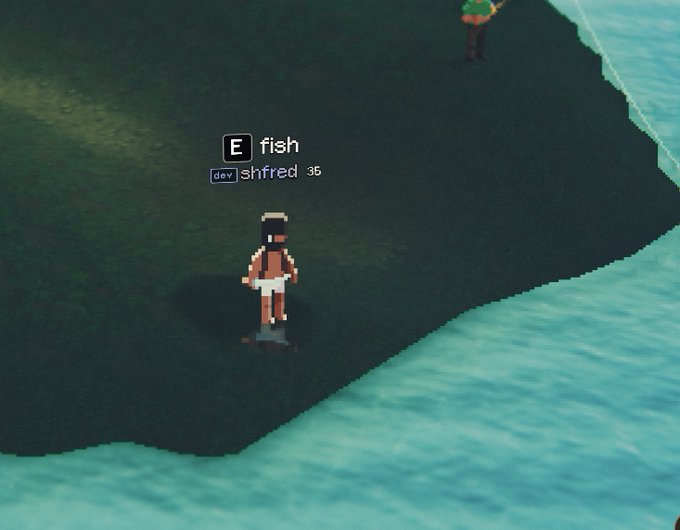 A pixelated video game character on a dark shore with on-screen text showing 'E fish' and 'dev shfired 35' above them.