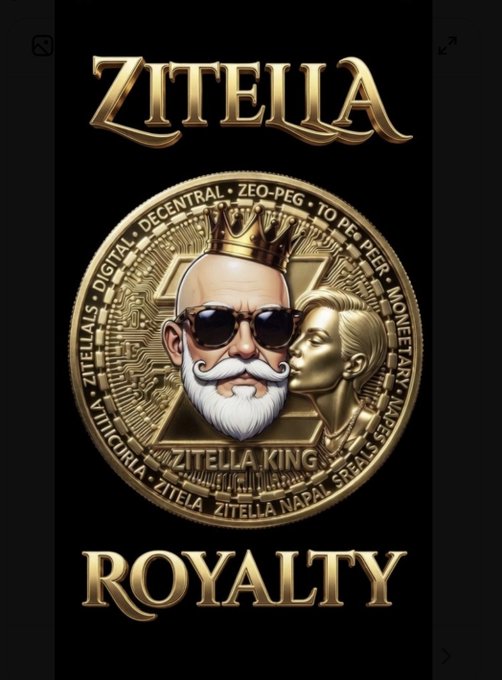 A digital coin illustration featuring "ZITELLA KING" wearing a crown and sunglasses, accompanied by a golden female figure, with "ZITELLA" and "ROYALTY" prominently displayed in gold lettering around the medallion. The image appears to be promotional artwork for the "ZITELLA" Solana token on Phantom, emphasizing its cryptocurrency branding through luxury-themed imagery and the "ZITELLA KING" persona.