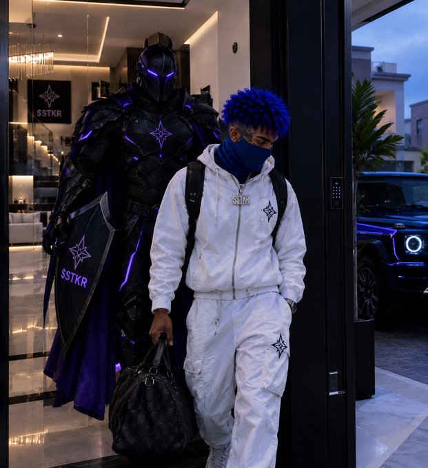 Two figures stand in an upscale doorway: a person in a white outfit with 'SSTKR' branding, blue hair, and a face covering, holding the door open for a tall figure in elaborate black and purple knight-like armor with glowing purple details and a shield marked 'SSTKR'.