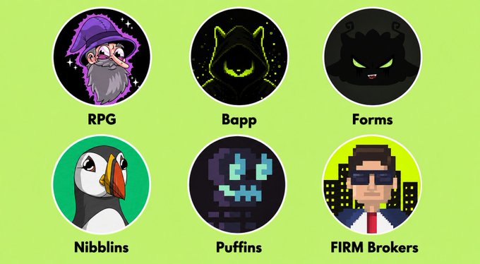 Six circular NFT avatars are displayed on a green background, labeled "RPG" (wizard), "Bapp" (hooded figure), "Forms" (shadow creature), "Nibblins" (puffin), "Puffins" (pixel ghost), and "FIRM Brokers" (man with sunglasses), corresponding to the free mint NFT collections promoted in the post.