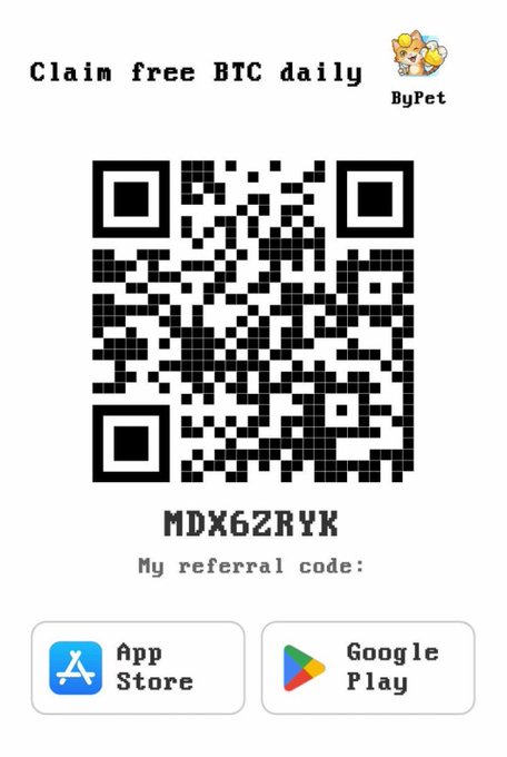 A promotional QR code with the text "Claim free BTC daily ByPet", referral code "MDX6ZRYK", and App Store and Google Play download buttons.
