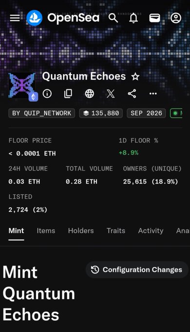 The image shows the OpenSea page for the "Quantum Echoes" NFT collection by QUIP_NETWORK (ticker QM), displaying 135,880 minted tokens, 25,615 unique owners (18.9%), a floor price below 0.0001 ETH, and only 2% (2,724) listed for sale. This visual data supports the post's claim that minting continues to grow while the listed percentage remains low, with holders having increased to over 25.6K.