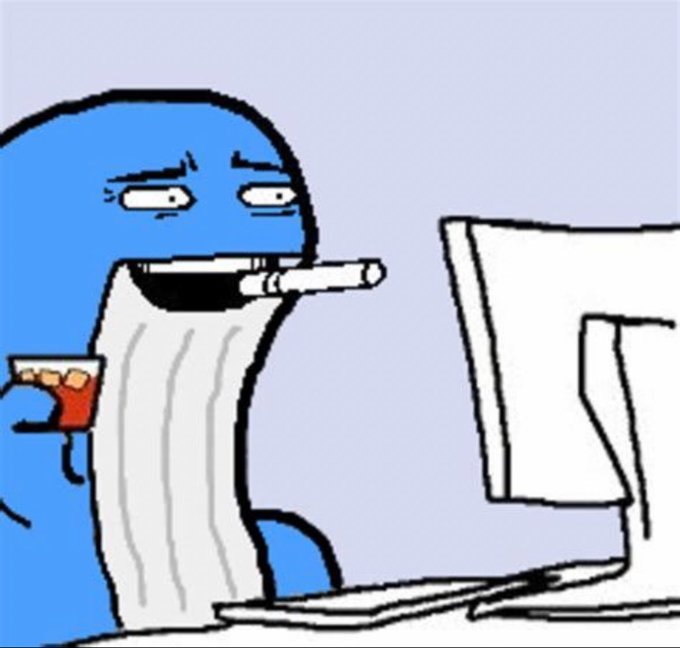 A crude meme-style cartoon of a blue figure smoking a cigarette while using a computer monitor, holding a red snack or drink.