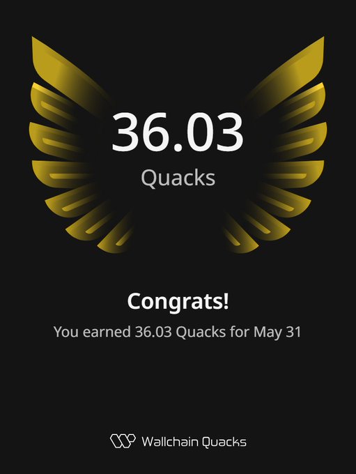 The image shows an award for someone who earned 36.03 Quacks, which is a type of cryptocurrency. The award has a gold frame featuring a design of wings. Below the wings, there's information that says "Concerts! Congratulations!" This suggests that the person successfully earned these Quacks or won them in some competition. It also hints at an engaging and interactive environment where users can celebrate their achievements by receiving virtual rewards like Quacks.