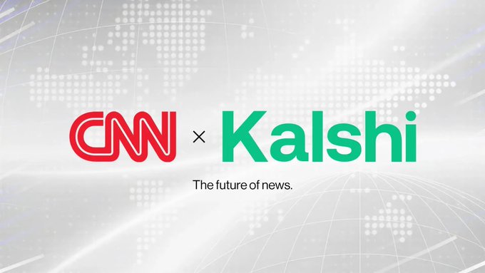 A promotional graphic displaying the CNN logo and Kalshi logo side by side with an 'x' between them and the tagline 'The future of news.' below.