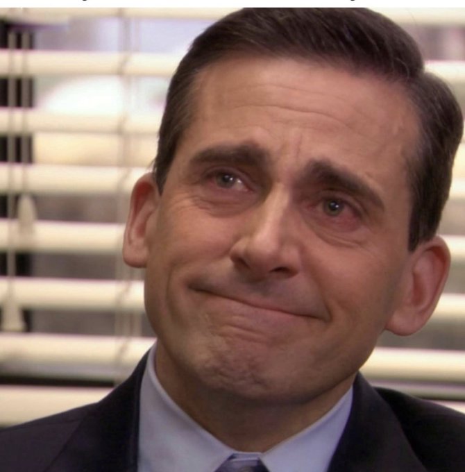 A close-up of Steve Carell's character Michael Scott from The Office with a skeptical, awkward facial expression, featuring half-lowered eyelids and a tight-lipped smile.