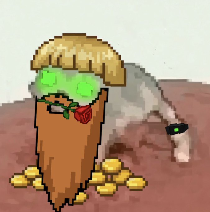 A pixel art illustration of a character with a muffin-like hat, glowing green eyes, a red rose in its mouth, and yellow blob-like feet, standing on a reddish-brown surface.