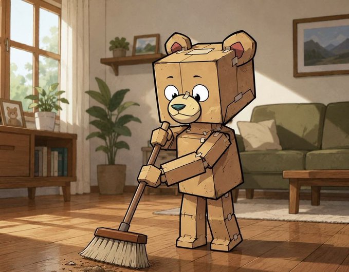An illustration of a cardboard box teddy bear character with a drawn-on face, holding a broom and sweeping debris on a wooden floor in a cozy living room.