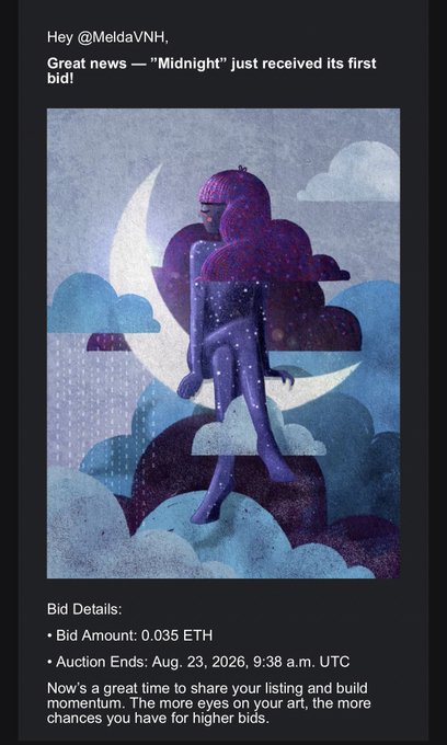 A notification message addressing '@MeldaVNH' announcing 'Great news — "Midnight" just received its first bid!' featuring an illustration of a figure sitting on a crescent moon, with bid details of 0.035 ETH and auction ending Aug. 23, 2026, 9:38 a.m. UTC.