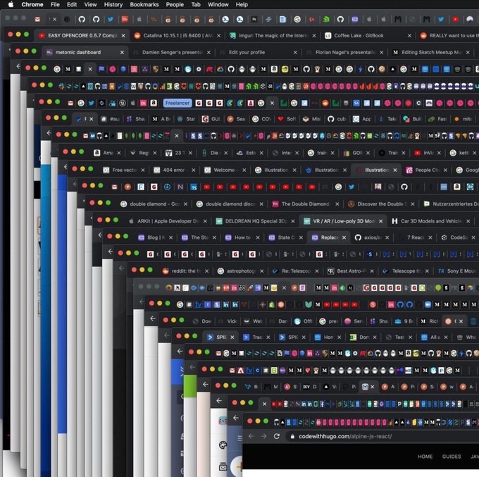 A computer desktop showing numerous overlapping Chrome browser windows filled with bookmarks, tabs, and icons cascading across the screen.