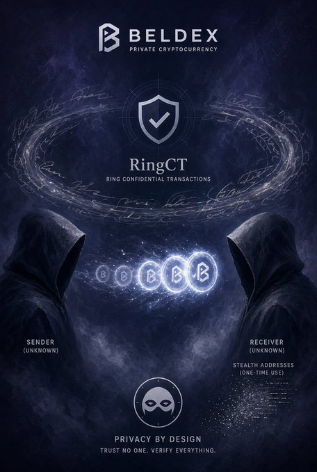 A promotional graphic for Beldex private cryptocurrency, featuring RingCT (Ring Confidential Transactions), with hooded figures labeled 'Sender (Unknown)' and 'Receiver (Unknown)' and the tagline 'Privacy by Design, Trust No One. Verify Everything.'