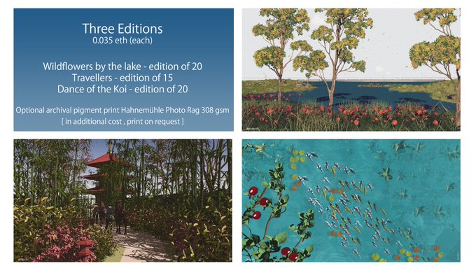 An art listing showing 'Three Editions' priced at '0.035 eth (each)' for 'Wildflowers by the lake' (edition of 20), 'Travellers' (edition of 15), and 'Dance of the Koi' (edition of 20), with optional Hahnemühle Photo Rag 308 gsm archival prints available, alongside three artwork previews.