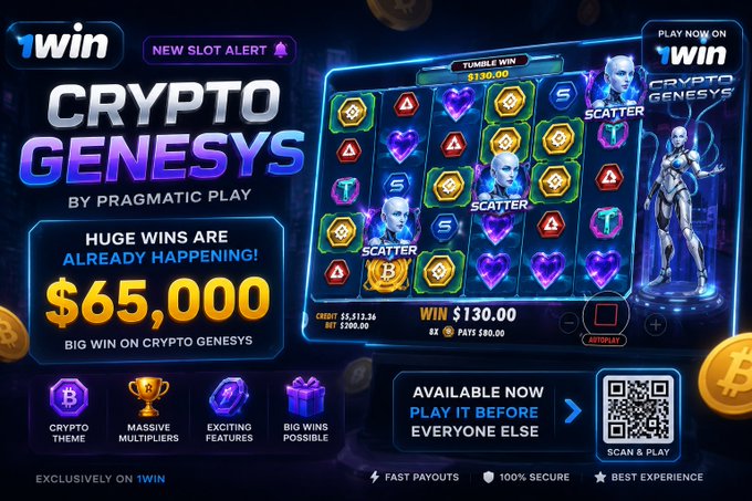 A promotional advertisement for the slot game "Crypto Genesys" by Pragmatic Play, available on 1win, featuring a cyber-themed slot screen showing a $130 win alongside a highlighted $65,000 big win announcement, crypto symbols, and a "Scan & Play" QR code.