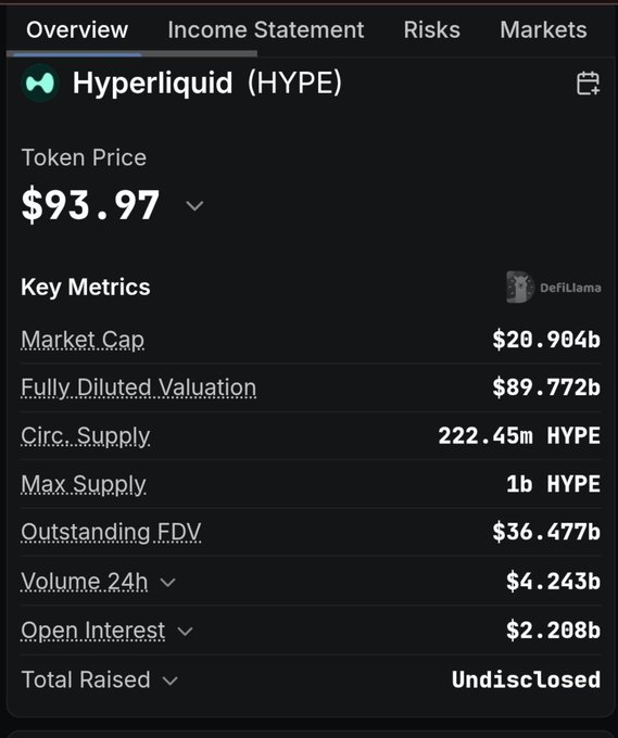 Financial overview screen showing Hyperliquid (HYPE) token price at $93.97 with a market cap of $20.904b, circulating supply of 222.45m HYPE, and 24h volume of $4.243b.