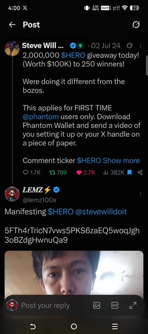 A Twitter screenshot shows a post by Steve Will Doit announcing a $HERO giveaway with a comment from user LEMZ containing a crypto wallet address and a photo of a young man. The accompanying text wishes Steve Will Doit a happy birthday and references the $HERO memecoin era, with "lemzwilldoit" as the user's handle.