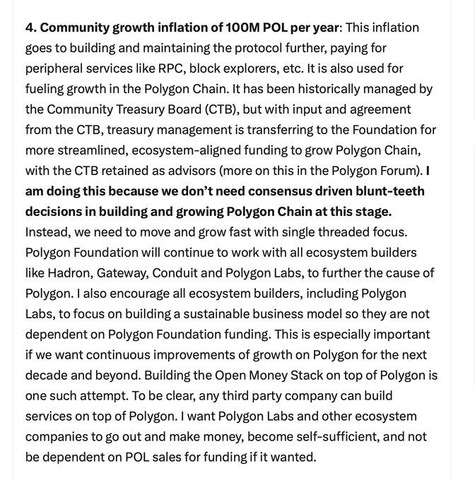 A text excerpt about Polygon community growth discusses a 100M POL inflation plan and transferring treasury management from the Community Treasury Board (CTB) to the Foundation.