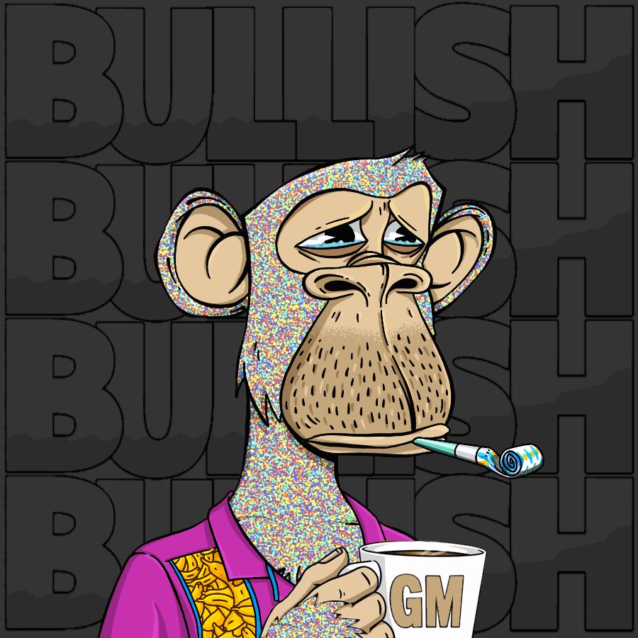The image features a cartoon monkey wearing a pink shirt, holding a cup of coffee and smoking a cigarette while standing against a black background with white text. The caption for the image reads "GM on this beautiful wednesdaze A good day to visit the @BoredApeSolClub jungle and make some new friends".