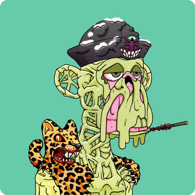 A cartoonish illustration on a teal background featuring a melting green creature with a pink tongue wearing a black hat, accompanied by a leopard and a spiked bat.