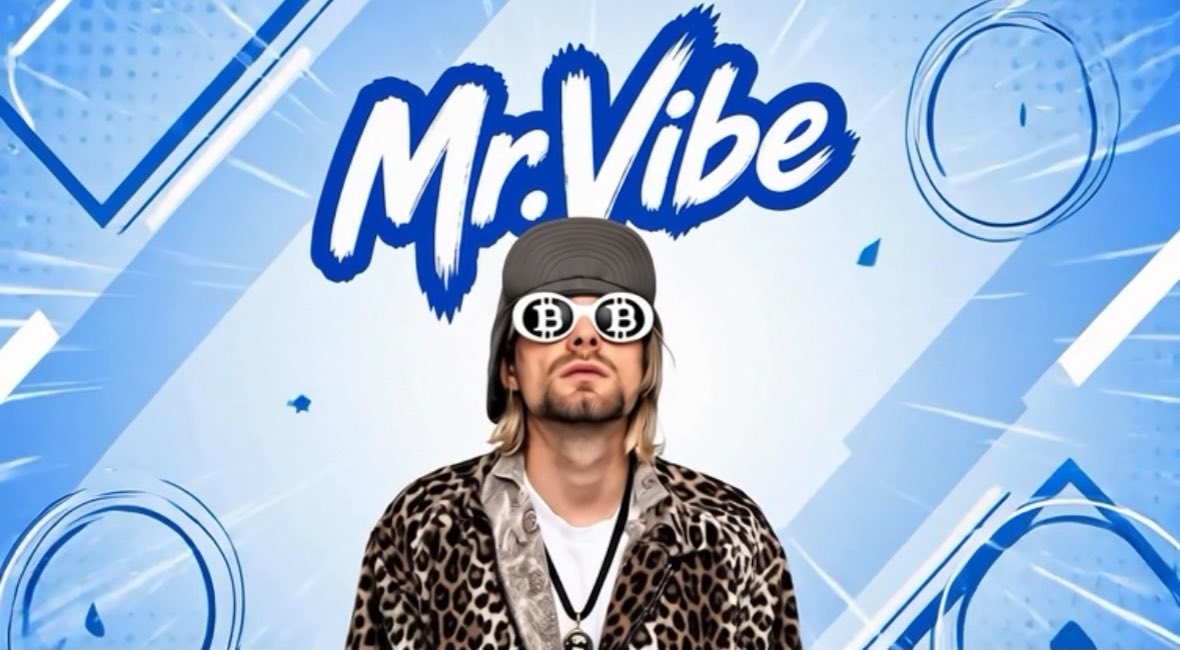 A stylized portrait of a man with blonde hair wearing a cap and Bitcoin-logo sunglasses, with the text 'Mr.Vibe' displayed above him on a blue graphic background.