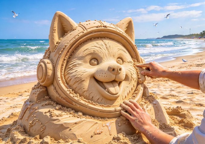 An intricate sand sculpture of a smiling cat wearing an astronaut helmet sits on a beach, with hands working on its final details and seagulls flying in the background.