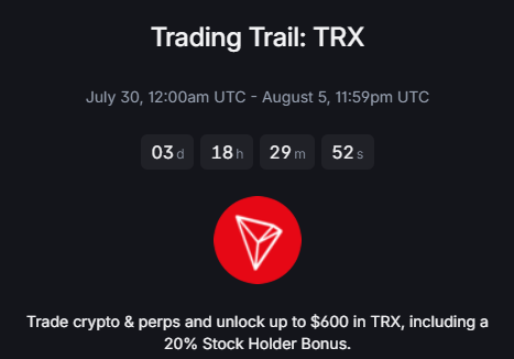 A dark promotional graphic titled 'Trading Trail: TRX' with a countdown timer showing '03d 18h 29m 52s' over the dates July 30 to August 5, featuring the red Tron (TRX) logo and text offering up to $600 in TRX with a 20% Stock Holder Bonus.