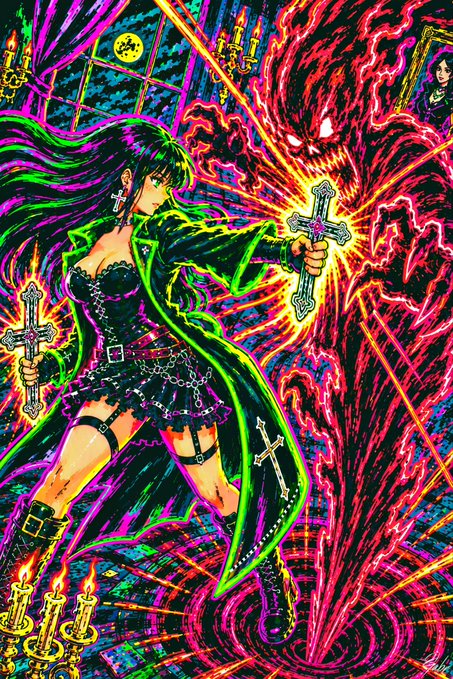 A vibrant, high-contrast anime-style illustration shows a green-haired female character wielding two crosses, facing off against a massive, fiery red demonic entity. The chaotic scene is filled with neon colors, magical effects, candles, and a gothic interior setting.