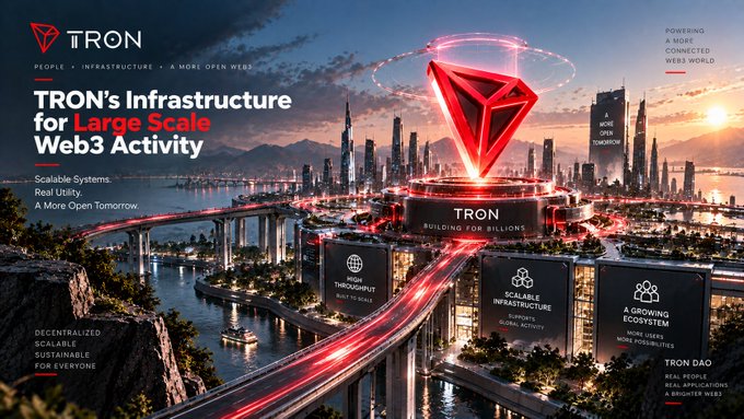 A futuristic cityscape promotional graphic for TRON blockchain, with text 'TRON's Infrastructure for Large Scale Web3 Activity' and 'BUILDING FOR BILLIONS'.