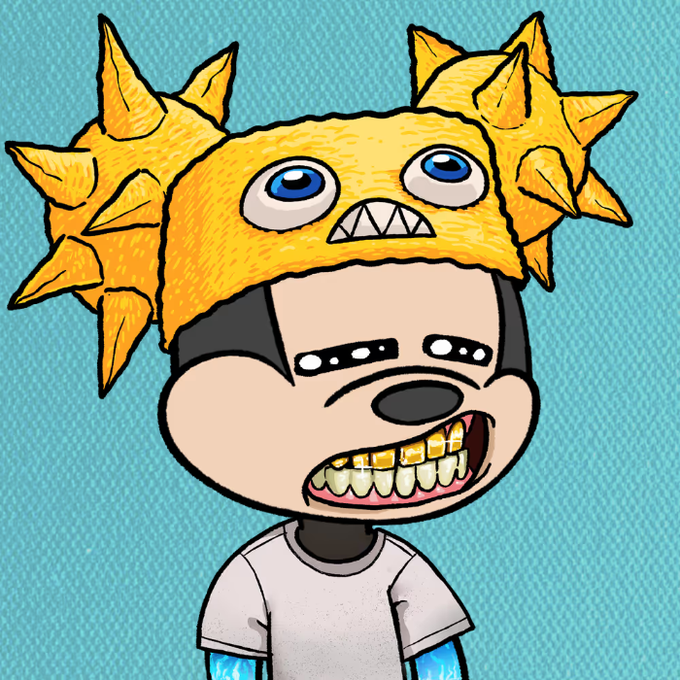 A digital illustration of a cartoon character with a wide, toothy grin wearing a yellow puffer hat featuring a grumpy monster face with blue eyes and sharp teeth, set against a blue background.