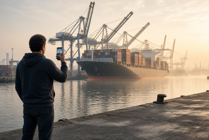 A person photographs a large cargo ship loaded with containers at a bustling port with towering cranes, capturing a moment that exemplifies how everyday observations can be transformed into meaningful contributions to decentralized maritime data infrastructure.