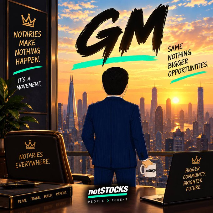 A promotional graphic for 'notSTOCKS' showing a man in a suit holding a branded mug, looking at a sunset cityscape, with text including 'GM', 'NOTARIES MAKE NOTHING HAPPEN', 'IT'S A MOVEMENT', and 'SAME NOTHING. BIGGER OPPORTUNITIES.'