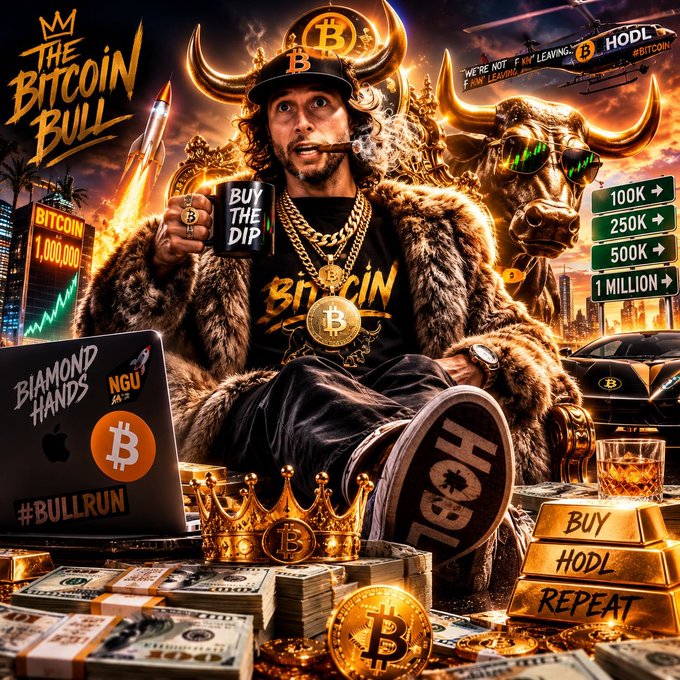 An AI-generated satirical illustration titled 'THE BITCOIN BULL,' featuring a flashy figure in fur and gold Bitcoin jewelry smoking a cigar, surrounded by price targets (100K to 1 MILLION), a 'BUY THE DIP' mug, and slogans like 'DIAMOND HANDS' and '#BULLRUN'.