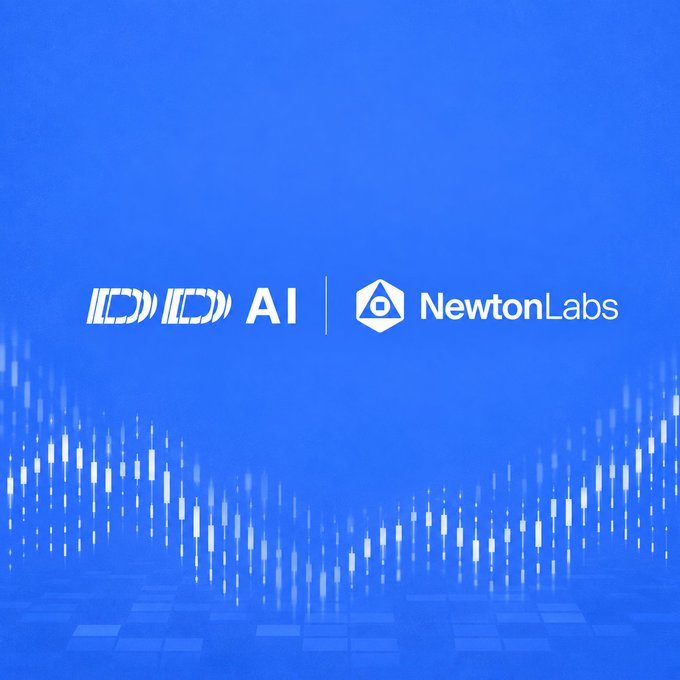 A blue promotional graphic featuring the 'ID AI' and 'NewtonLabs' logos side-by-side, set against a backdrop of abstract audio waveform or candlestick chart visualizations.