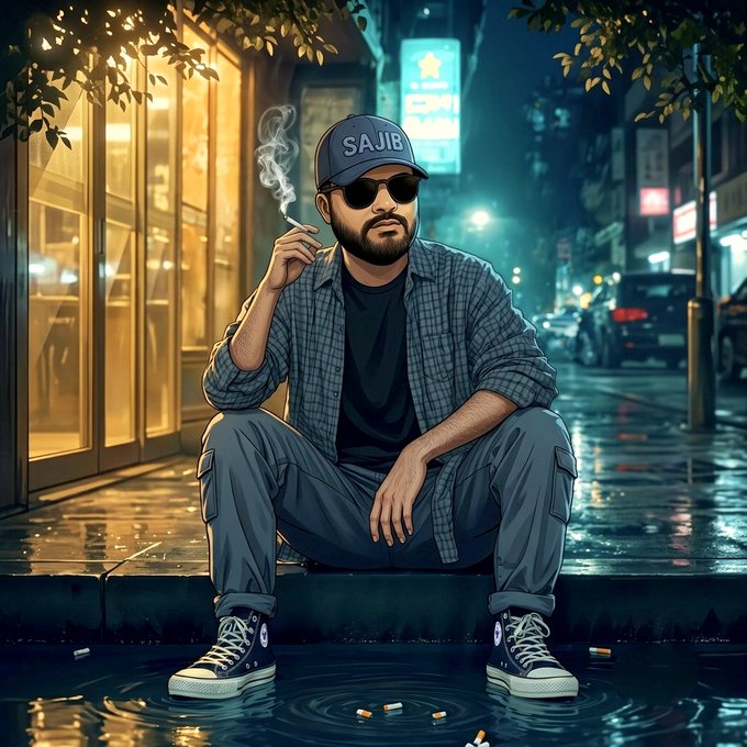 A man wearing a "SAJIB" cap and sunglasses sits on a wet city street at night, smoking a cigarette while looking up thoughtfully at the urban surroundings.

The image's reflective, moody nighttime cityscape mirrors the post's reflective tone, while the casual, contemplative pose complements the message about taking a moment to appreciate how @CNPYNetwork provides a complete, production-ready foundation from day one.