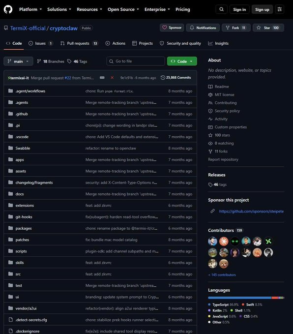 A GitHub repository page screenshot showing 'TermiX-official / cryptoclaw' with file listings, 46 tags, 46 Tags, and information about contributors and languages.