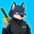 A stylized cartoon husky avatar dressed as a ninja with a sword on its back appears in the image, likely representing the user in the #crofam community, with no visible text, numbers, or tickers. The character's role-playing aesthetic complements the playful tone of the post inviting followers to join the CryptoFam community.