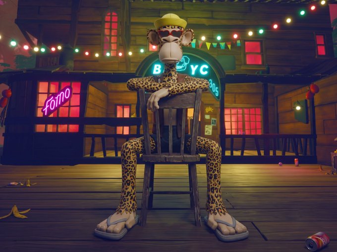 A 3D animated scene of a character in a leopard-print outfit with sunglasses and a yellow cap sitting on a wooden chair in front of a building with neon signs reading 'Fomo' and 'B YC'.