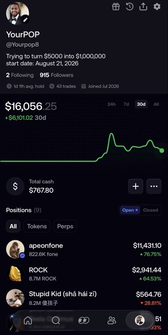 A Robinhood-style portfolio screenshot for user 'Yourpop' (@Yourpop8) showing a goal to turn $5,000 into $1,000,000, with a current value of $16,056.25 and positions in tokens including apeonfone ($11,431.10), ROCK ($2,941.44), and Stupid Kid ($564.76).