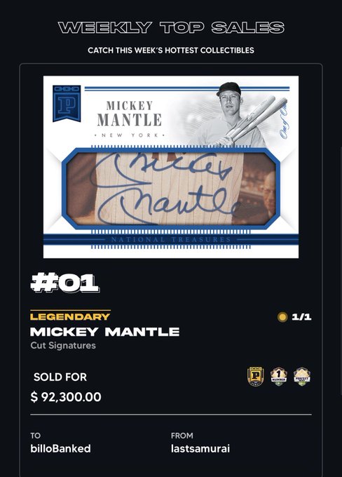 Promotional graphic titled 'WEEKLY TOP SALES' highlighting the #01 sale: a 'LEGENDARY MICKEY MANTLE Cut Signatures' baseball card that sold for $92,300.00 from lastsamurai to billoBanked.
