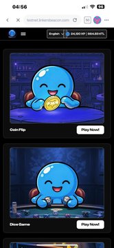 A mobile app interface displaying two cartoon blue creatures labeled 'Coin Flip' and 'Dice Game' with 'Play Now!' buttons.