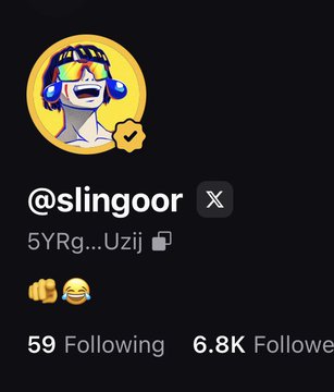 A social media profile card showing the username '@slingoor' on X with a profile picture of a character in ski goggles, showing 59 Following and 6.8K Followers.