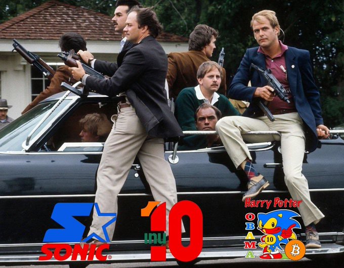A scene of armed men riding in a convertible is overlaid with a Sonic logo, the number '10', 'Harry Potter', a Sonic the Hedgehog image, and 'OBMA' text with a Bitcoin symbol.