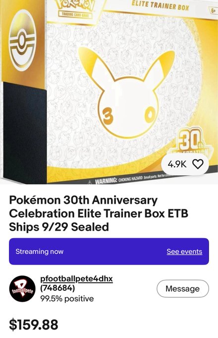 A product listing screenshot for the Pokémon 30th Anniversary Celebration Elite Trainer Box ETB priced at $159.88 from seller 'pfootballpete4dhx' with 99.5% positive feedback.