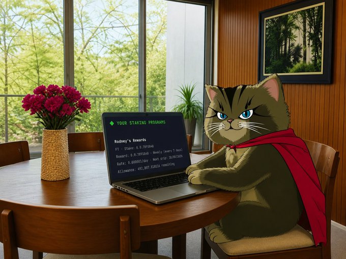 A digital illustration of a tabby cat wearing a red cape, sitting at a wooden dining table and using a laptop that displays 'YOUR STAKING PROGRAMS' and 'Rodney's Rewards' with various crypto statistics.