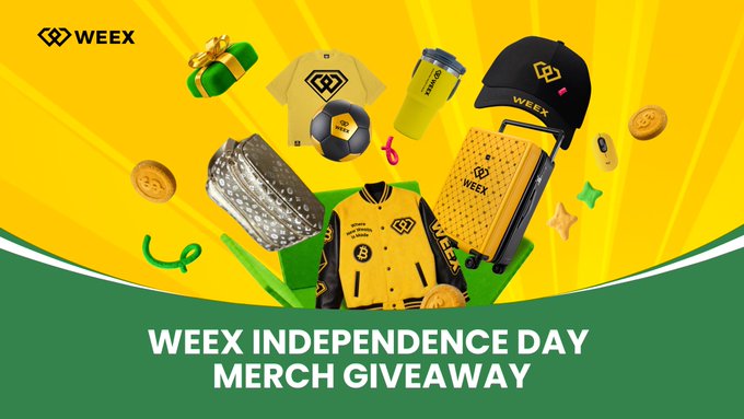 A bold yellow promotional banner for a "WEEX INDEPENDENCE DAY MERCH GIVEAWAY" features an assortment of branded merchandise including a black WEEX cap, yellow jersey, sneakers, shaker bottle, and gift boxes, all set against a vibrant sunburst design that ties directly to the giveaway's Independence Day celebration.
